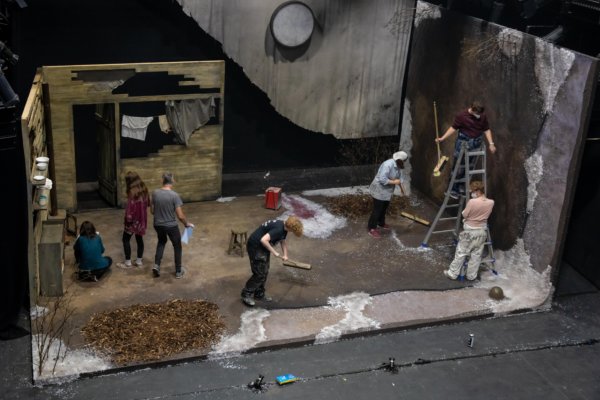 Stage Management and technical theatre students at the Lir getting the set ready for a performance
