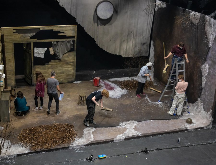 Stage Management and technical theatre students at the Lir getting the set ready for a performance